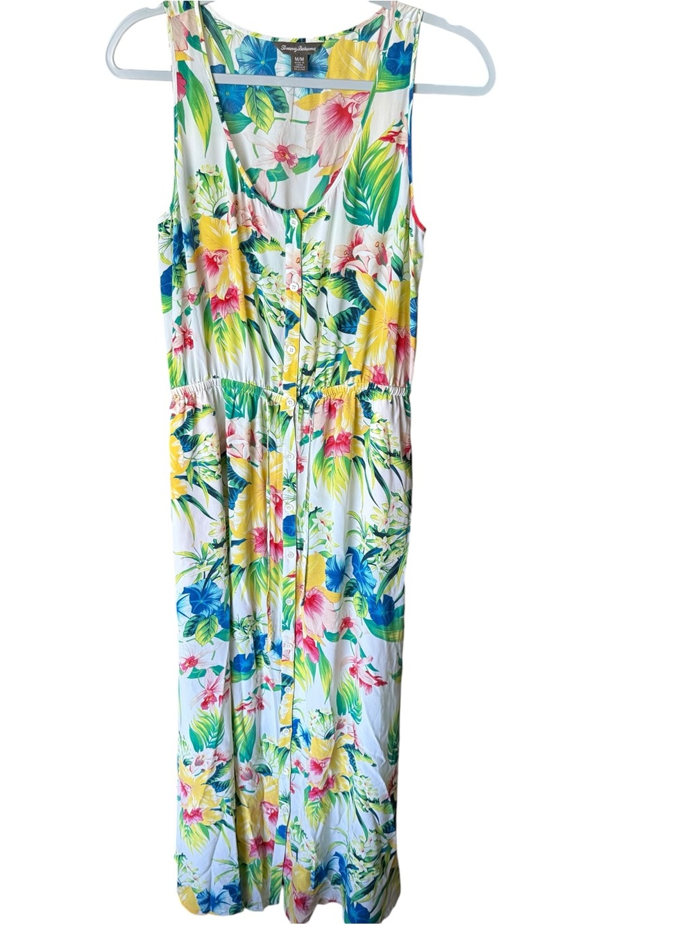 White with Yellow, Blue & Green Tommy Bahama Fleur De Lite Silk Maxi Dress Sz M - Picture 3 of 10